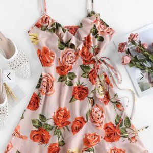 Floral print tie mini dress